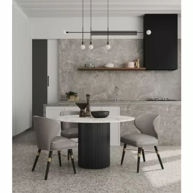 Manhattan Comfort Modern Strine Dining Chair Upholstered in Velvet and Leatherette with Solid Wood Legs in Dark Taupe - Set of 2