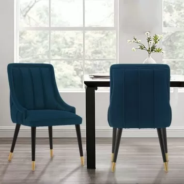Manhattan Comfort Modern Eda Velvet and Leatherette Dining Chair In Blue