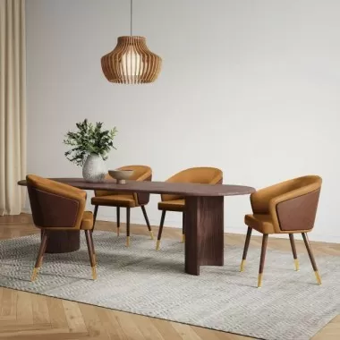 Manhattan Comfort Modern Reeva Dining Chair Upholstered in Leatherette with Beech Wood Back and Solid Wood Legs in Walnut Camal