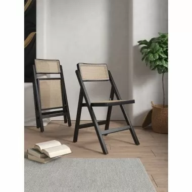 Manhattan Comfort Pullman Folding Dining Chair in Black and Natural Cane - Set