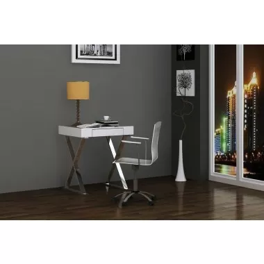 Elm Desk Small In High Gloss White With Two Drawers And Stainless Steel Base