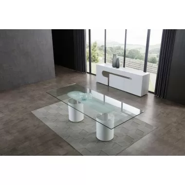 Whiteline Modern Living Mandarin Dining Table With Polished Stainless Steel Connector in Matt White Bases - Lifestyle