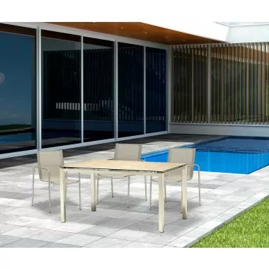 Whiteline Modern Living Paola Outdoor Dining Table In Glass with Ceramic Top And Brushed Stainless Steel Base - Lifestyle