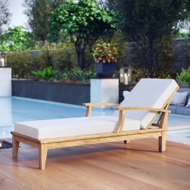 Modway Marina Outdoor Patio Teak Single Chaise in Natural White - Lifestyle