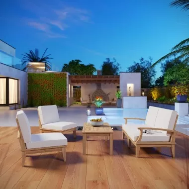 Modway Marina 5 Piece Outdoor Patio Teak Set - Natural White - Lifestyle