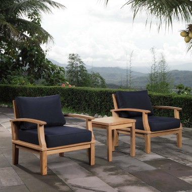 Modway Marina 3 Piece Outdoor Patio Teak Set - Natural Navy - Lifestyle