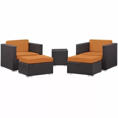 Modway Convene 5 Piece Outdoor Patio Sectional Set in Espresso Orange - Set in Front Side Angle