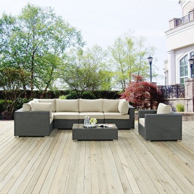 Modway Sojourn 7 Piece Outdoor Patio Sunbrella® Sectional Set - Canvas Beige - Lifestyle