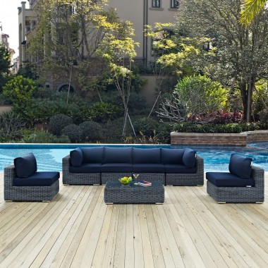 Modway Summon 7 Piece Outdoor Patio Sunbrella® Sectional Set - Canvas Navy - Lifestyle