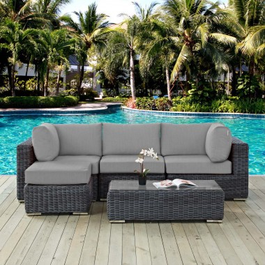 Modway Summon 5 Piece Outdoor Patio Sunbrella® Sectional Set in Canvas Gray - Lifestyle