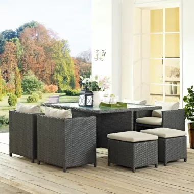Modway Sojourn 9 Piece Outdoor Patio Sunbrella® Dining Set in Antique Canvas Beige - Lifestyle