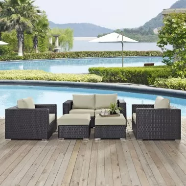 Modway Convene 5 Piece Outdoor Patio Sofa Set - Espresso Beige - Lifestyle
