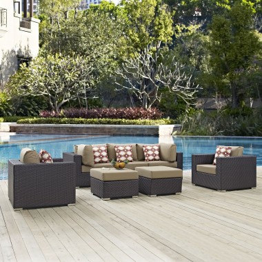 Modway Convene 7 Piece Outdoor Patio Sectional Set in Espresso Mocha - Lifestyle
