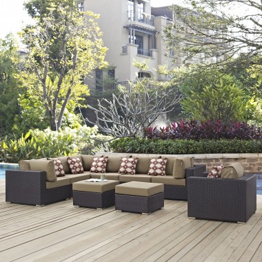 Modway Convene 9 Piece Outdoor Patio Sectional Set - Espresso Mocha - Lifestyle
