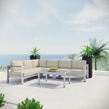 Modway Shore 5 Piece Outdoor Patio Aluminum Sectional Sofa Set in Silver Beige - Lifestyle