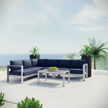 Modway Shore 5 Piece Outdoor Patio Aluminum Sectional Sofa Set - Silver Navy - Lifestyle