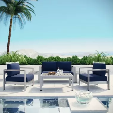 Modway Shore 6 Piece Outdoor Patio Aluminum Sectional Sofa Set in Silver Navy - Lifestyle