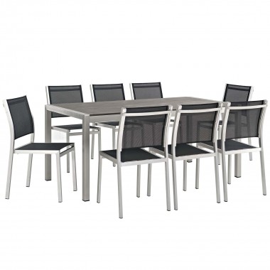 Modway Shore 9 Piece Outdoor Patio Aluminum Dining Set - Silver Black - Set in Front Side Angle