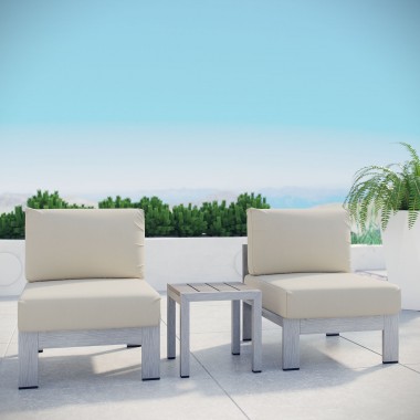 Modway Shore 3 Piece Outdoor Patio Aluminum Sectional Sofa Set - Silver Beige - Lifestyle