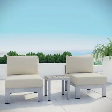 Modway Shore 3 Piece Outdoor Patio Aluminum Sectional Sofa Set - Silver Beige - Lifestyle