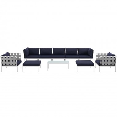 Modway Harmony 10 Piece Outdoor Patio Aluminum Sectional Sofa Set - White Navy - Set in Front Angle