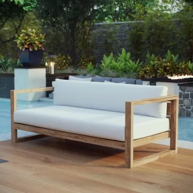 Modway Upland Outdoor Patio Teak Sofa - Natural White  - Lifestyle