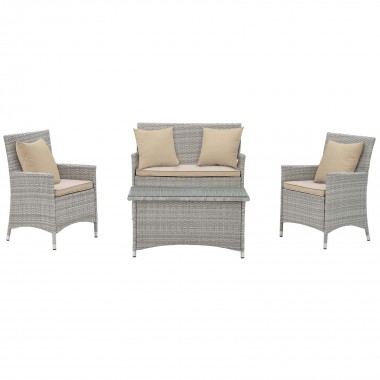 Modway Bridge 4 Piece Outdoor Patio Patio Conversation Set with Pillow Set - Light Gray Beige - Set in Front Angle