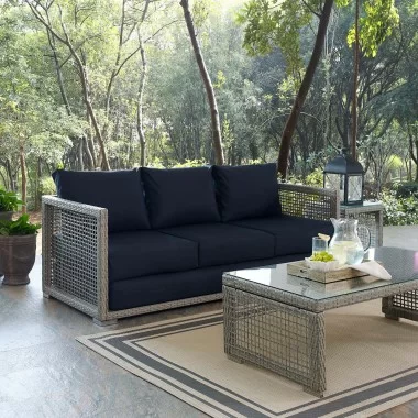 Modway Aura Outdoor Patio Wicker Rattan Sofa in Gray Navy - Lifestyle