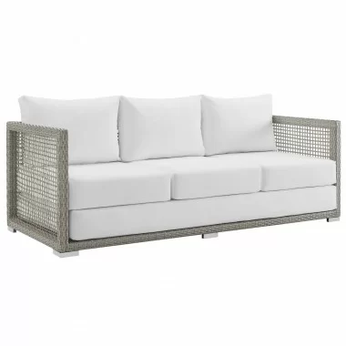 Modway Aura Outdoor Patio Wicker Rattan Sofa - Gray White - Front Side Angle