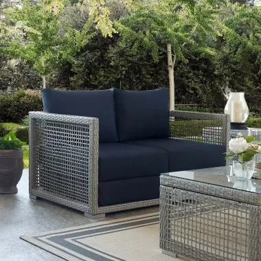 Modway Aura Outdoor Patio Wicker Rattan Loveseat - Gray Navy - Lifestyle