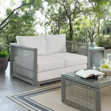 Modway Aura Outdoor Patio Wicker Rattan Loveseat - Gray White - Lifestyle
