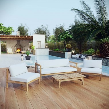 Modway Bayport 4 Piece Outdoor Patio Teak Set - Natural White - Lifestyle