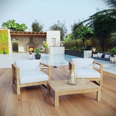 Modway Upland 3 Piece Outdoor Patio Teak Set - Natural White - Lifestyle