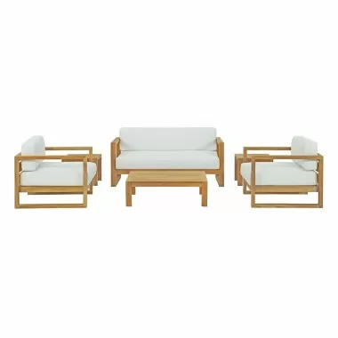 Modway Upland 6 Piece Outdoor Patio Teak Set - Natural White - Set in Front Angle