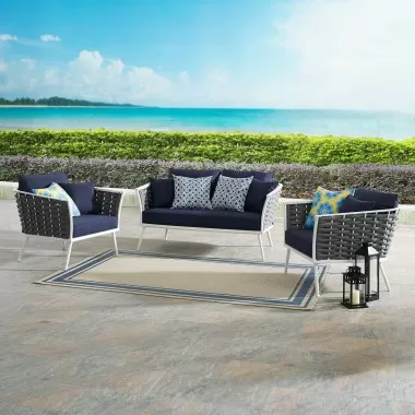 Modway Stance 3 Piece Outdoor Patio Aluminum Sectional Sofa Set - White Navy - Lifestyle