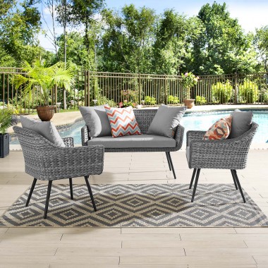 Modway Endeavor 3 Piece Outdoor Patio Wicker Rattan Loveseat and Armchair Set - Gray Gray - Lifestyle