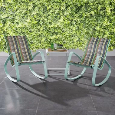 Modway Traveler Rocking Lounge Chair Outdoor Patio Mesh Sling in Green Stripe - Set of Two - Lifestyle
