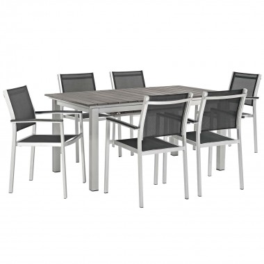 Modway Shore 7 Piece Outdoor Patio Aluminum Dining Set - Silver Black - Set in Front Side Angle