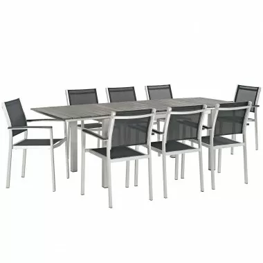Modway Shore 9 Piece Outdoor Patio Aluminum Dining Set in Silver Black - Set in Front Side Angle