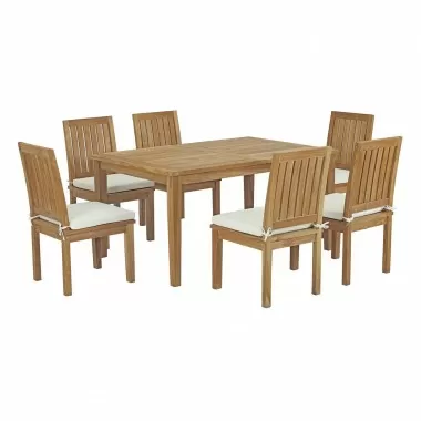 Modway Marina 7 Piece Outdoor Patio Teak Dining Set - Natural White - Set in Front Side Angle