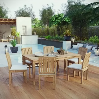 Modway Marina 7 Piece Outdoor Patio Teak Dining Set - Natural White - Lifestyle