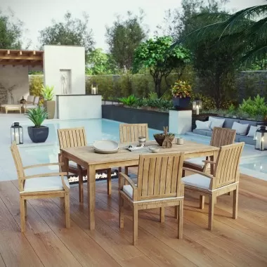 Modway Marina 7 Piece Outdoor Patio Teak Dining Set - Natural White - Lifestyle