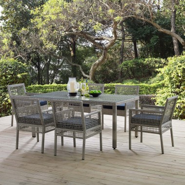 Modway Aura 7 Piece Outdoor Patio Wicker Rattan Set - Gray Navy - Lifestyle