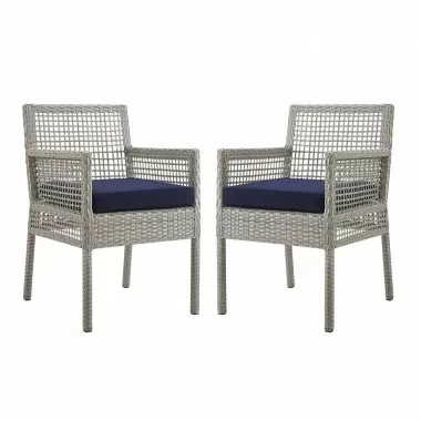 Modway Aura Dining Armchair Outdoor Patio Wicker Rattan in Gray Navy - Set of Two - Set in Front Angle
