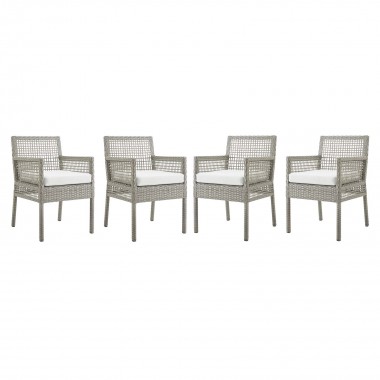 Modway Aura Dining Armchair Outdoor Patio Wicker Rattan in Gray White - Set of Four - Set in Front Angle