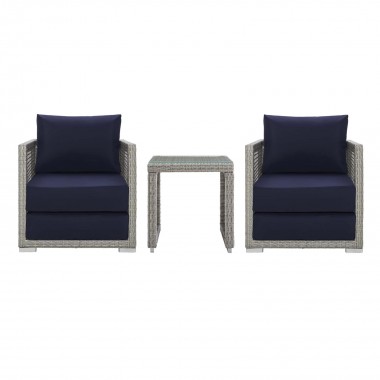 Modway Aura 3 Piece Outdoor Patio Wicker Rattan Set in Gray Navy - Set in Front Angle