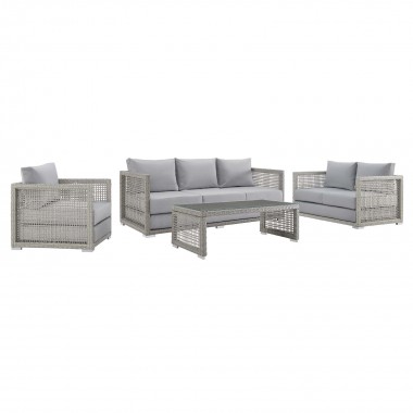 Modway Aura 4 Piece Outdoor Patio Wicker Rattan Set - Gray Gray - Set in Front Side Angle
