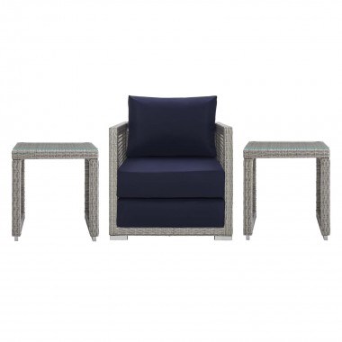 Modway Aura 3 Piece Outdoor Patio Wicker Rattan Set in Gray Navy - Set in Front Angle