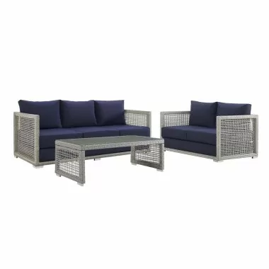 Modway Aura 3 Piece Outdoor Patio Wicker Rattan Set - Gray Navy - Set in Front Angle
