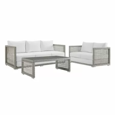 Modway Aura 3 Piece Outdoor Patio Wicker Rattan Set - Gray White - Set in Front